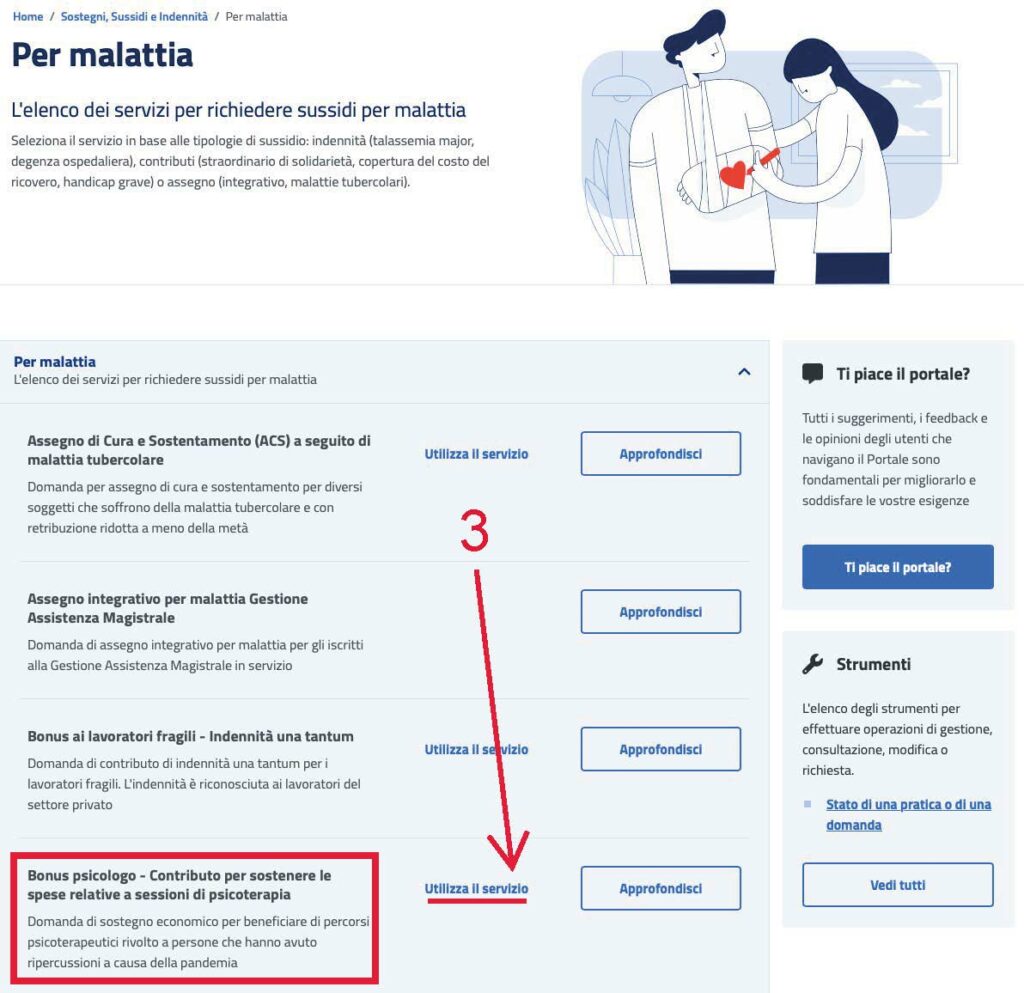 scorri in basso fino a bonus psicologo e clicca affianco su: utilizza servizio.